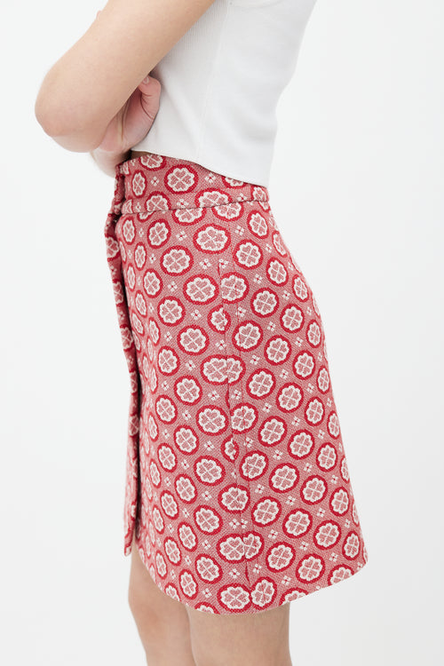 Miu Miu Red 
White Floral Woven Skirt