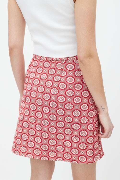 Miu Miu Red 
White Floral Woven Skirt