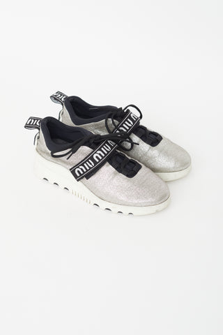 Miu Miu Silver Leather Logo Strap Sneaker