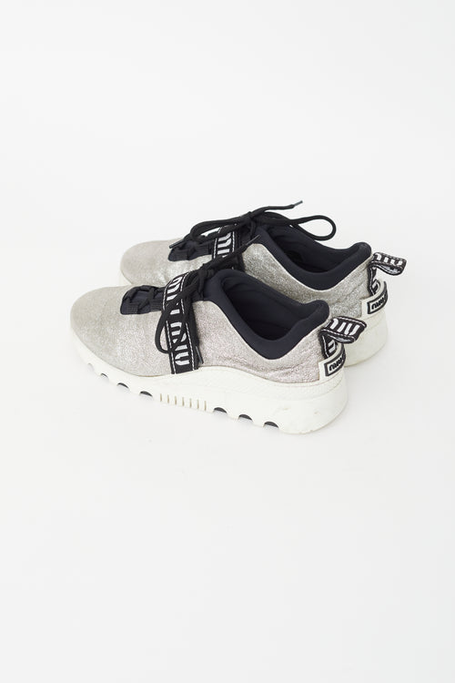 Miu Miu Silver Leather Logo Strap Sneaker