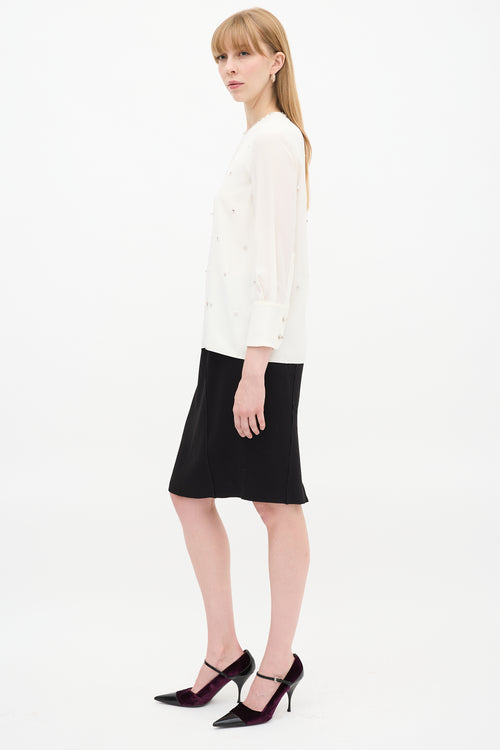 Miu Miu White Silk Embellished Long Sleeve Top