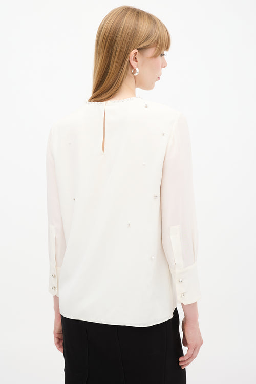 Miu Miu White Silk Embellished Long Sleeve Top