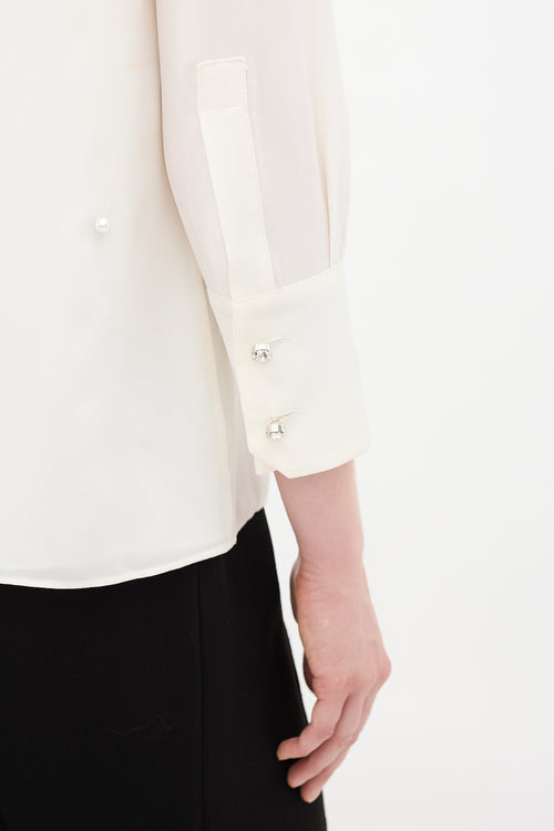 Miu Miu White Silk Embellished Long Sleeve Top