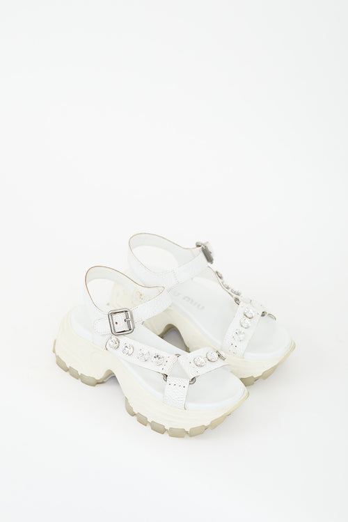 Miu Miu White Leather Track Chunky Jewel Sandal