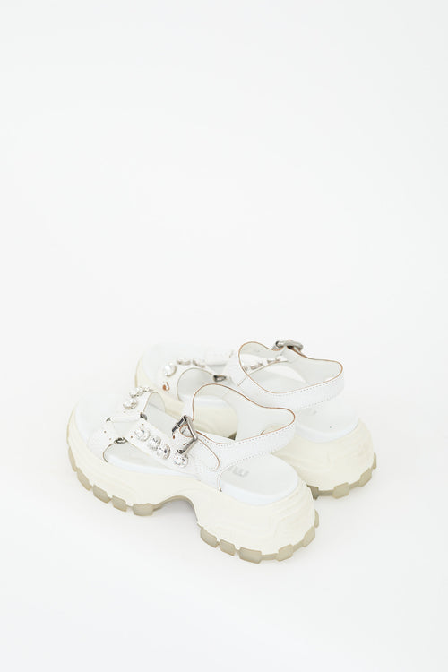 Miu Miu White Leather Track Chunky Jewel Sandal