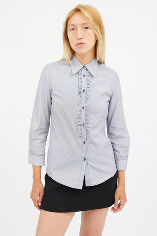 Miu Miu White 
Navy Stripe Ruffled Shirt