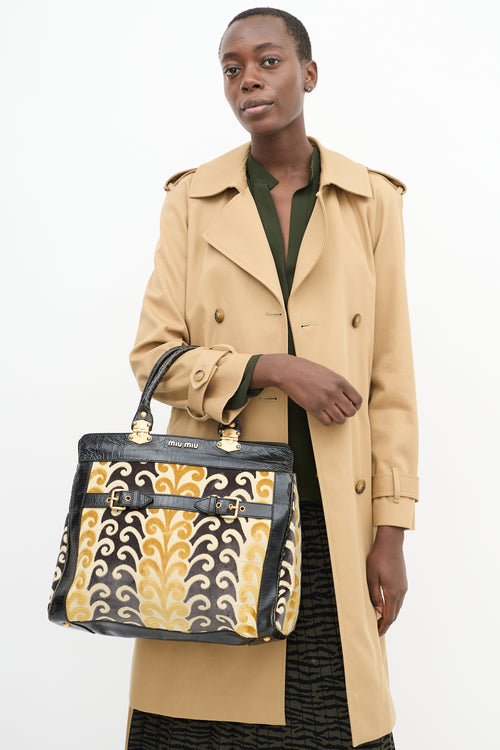 Miu Miu Yellow 
Black Velvet 
Leather Jacquard Twiggy Tote Bag