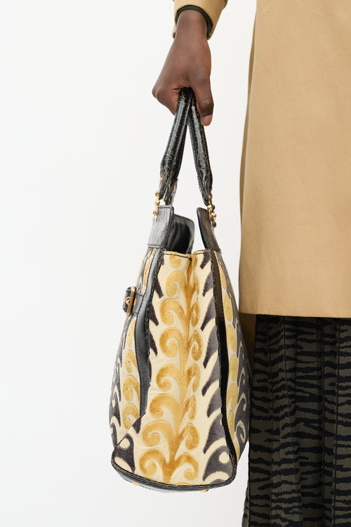 Miu Miu Yellow 
Black Velvet 
Leather Jacquard Twiggy Tote Bag