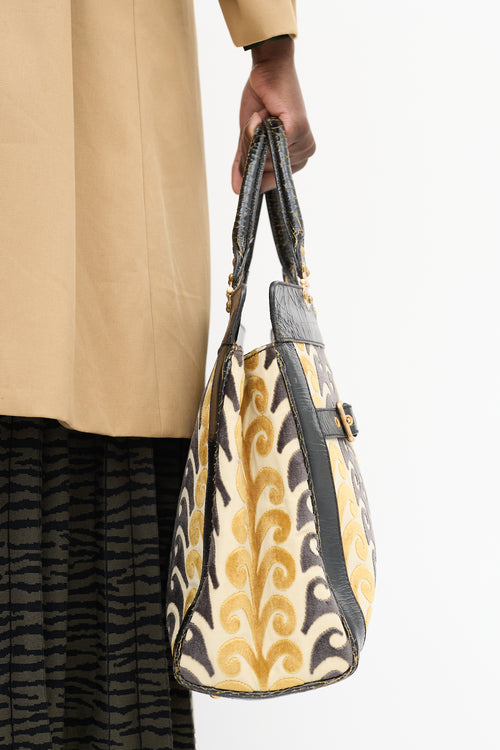 Miu Miu Yellow 
Black Velvet 
Leather Jacquard Twiggy Tote Bag