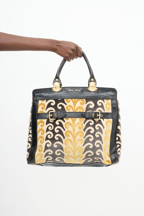 Miu Miu Yellow 
Black Velvet 
Leather Jacquard Twiggy Tote Bag