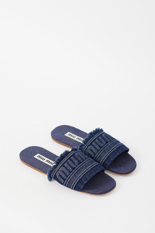 Miu Miu Dark Wash Denim Logo Slide