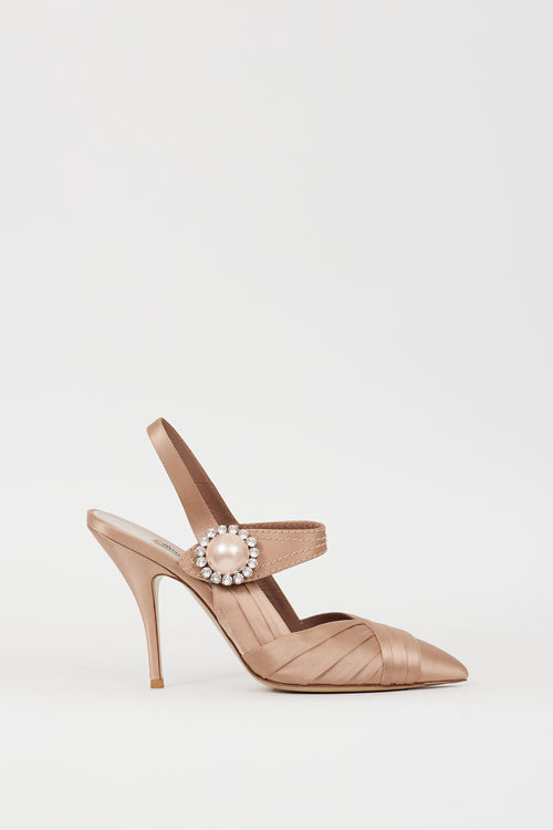 Miu Miu Pink Satin Pleated Brooch Slingback Heel