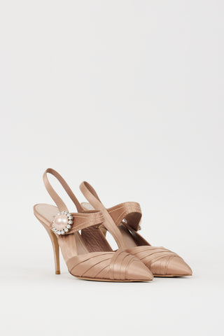 Miu Miu Pink Satin Pleated Brooch Slingback Heel