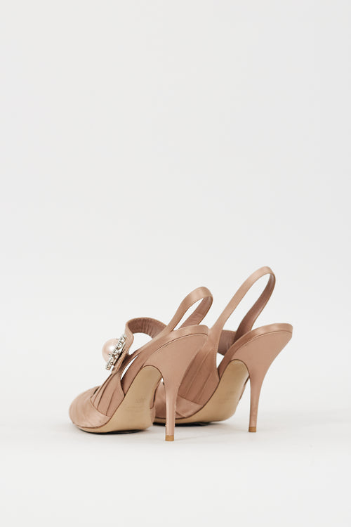 Miu Miu Pink Satin Pleated Brooch Slingback Heel