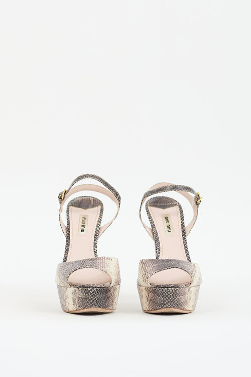 Miu Miu Beige 
Grey Embossed Leather Platform  Heel