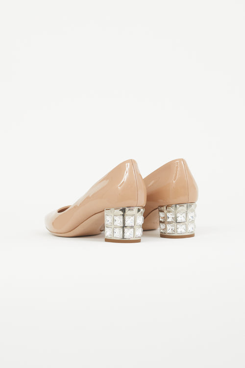 Miu Miu Beige Patent Crystal Block Heel