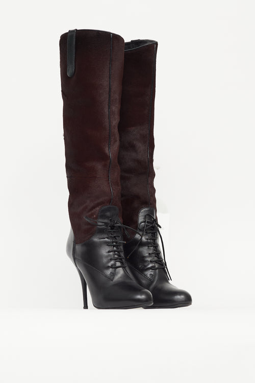 Miu Miu Black 
Burgundy Leather Knee High Boot