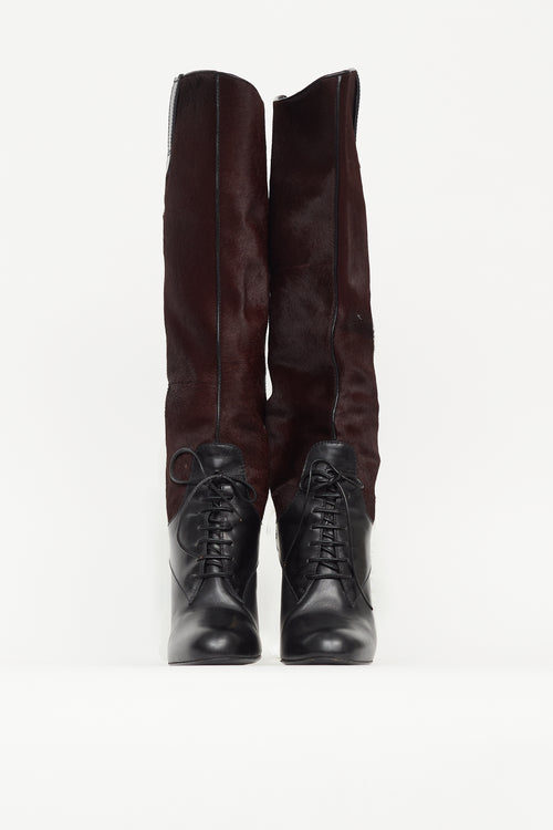 Miu Miu Black 
Burgundy Leather Knee High Boot