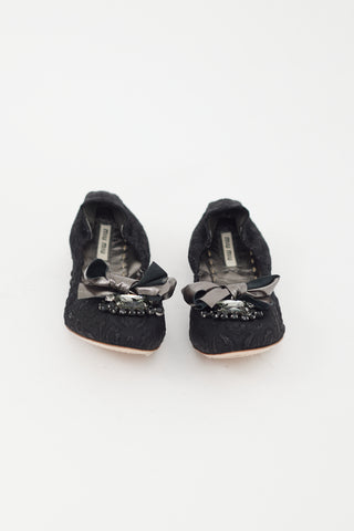 Miu Miu Black Brocade Embellished Ballet Flat