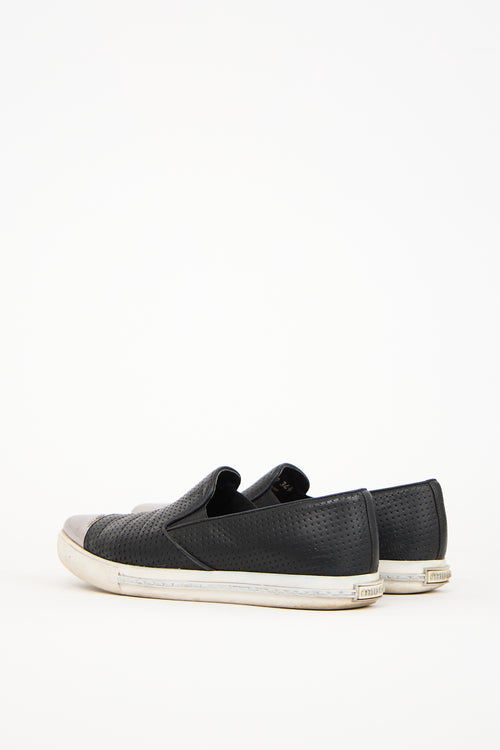 Miu Miu Black Leather Metal Cap Toe Sneaker