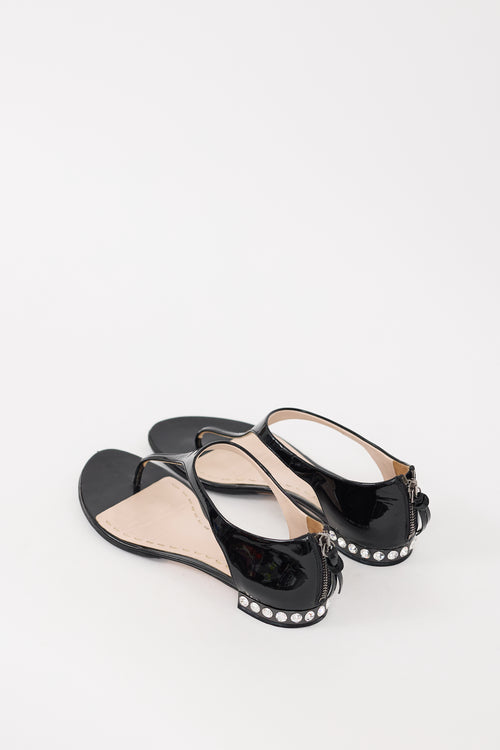 Miu Miu Black Patent Leather Crystal Heel Sandal