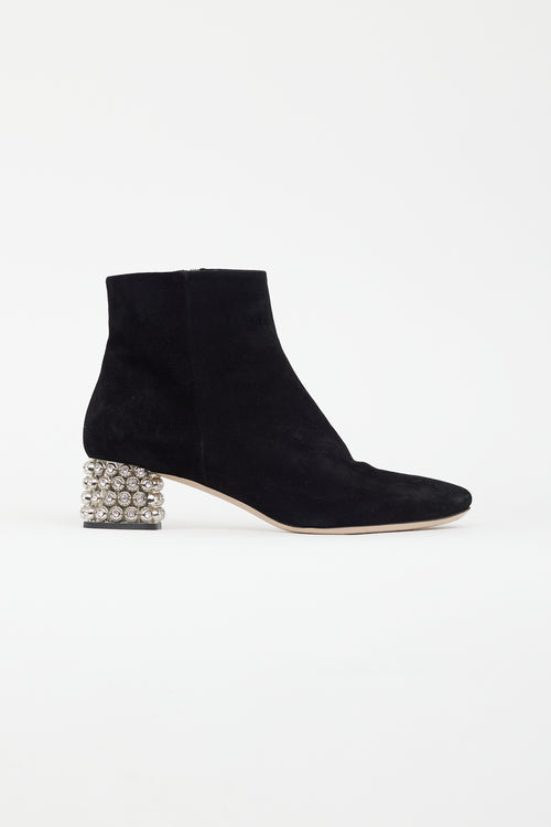 Miu Miu Black Suede 
Crystal Embellished Heel Boot