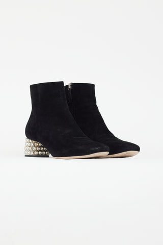 Miu Miu Black Suede 
Crystal Embellished Heel Boot