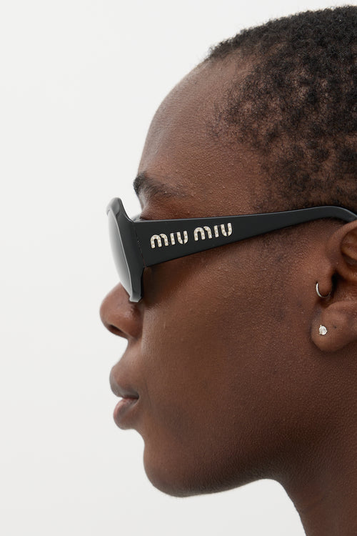 Miu Miu Black Crystal Logo Angular Sunglasses