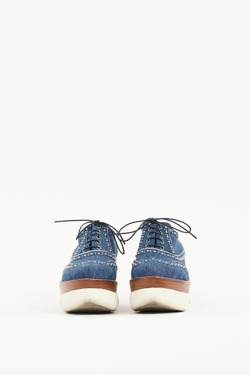 Miu Miu Blue Denim Embellished Platform Oxford