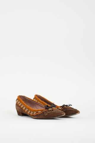 Miu Miu Brown Suede 
Orange Knit Flat