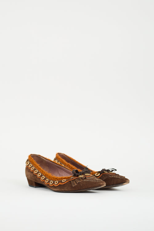 Miu Miu Brown Suede 
Orange Knit Flat