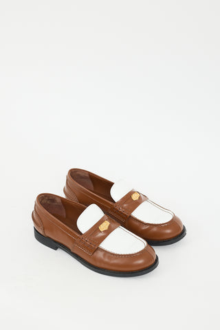 Miu Miu Brown 
White Leather Logo Penny Loafer