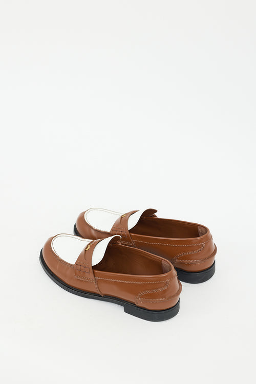 Miu Miu Brown 
White Leather Logo Penny Loafer