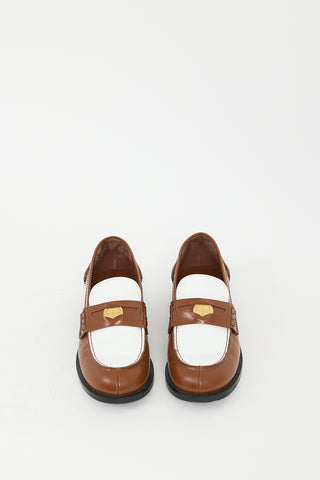 Miu Miu Brown 
White Leather Logo Penny Loafer