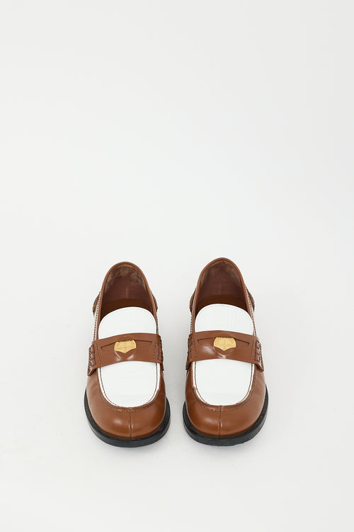 Miu Miu Brown 
White Leather Logo Penny Loafer