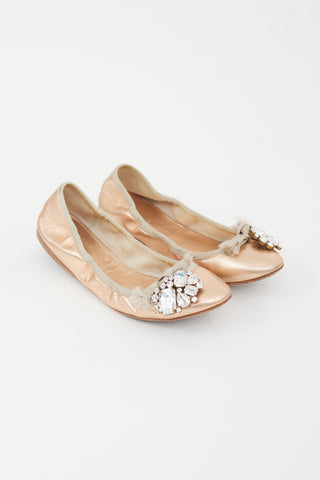 Miu Miu Pink Metallic Leather Embellished Flat