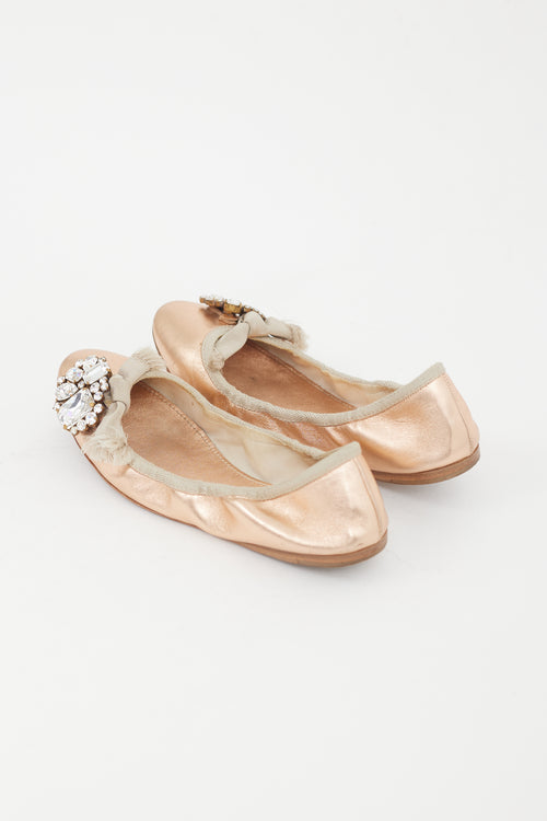 Miu Miu Pink Metallic Leather Embellished Flat