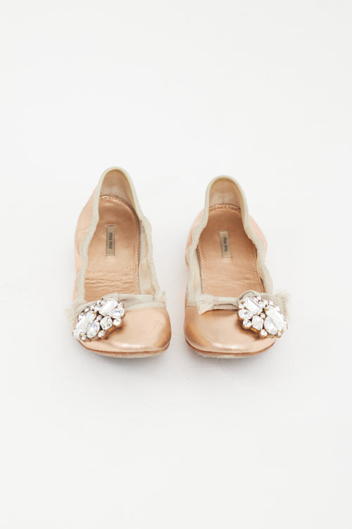 Miu Miu Pink Metallic Leather Embellished Flat