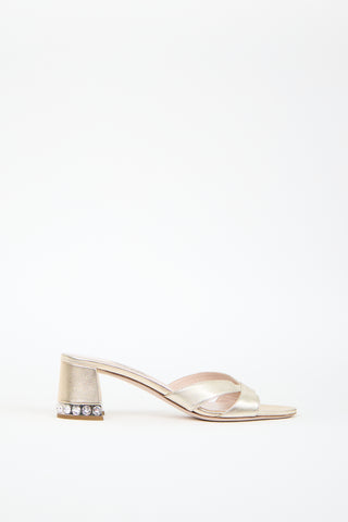 Miu Miu Gold Metallic Leather Crystal Sandal