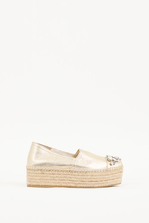 Miu Miu Gold Metallic Leather Embellished Platform Espadrille