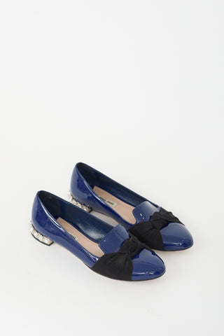 Miu Miu Navy Patent Leather Bow 
Crystal Flat