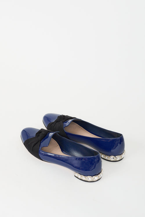 Miu Miu Navy Patent Leather Bow 
Crystal Flat