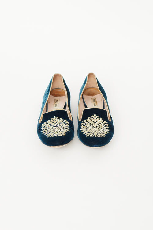 Miu Miu Navy 
Gold Velvet Flat