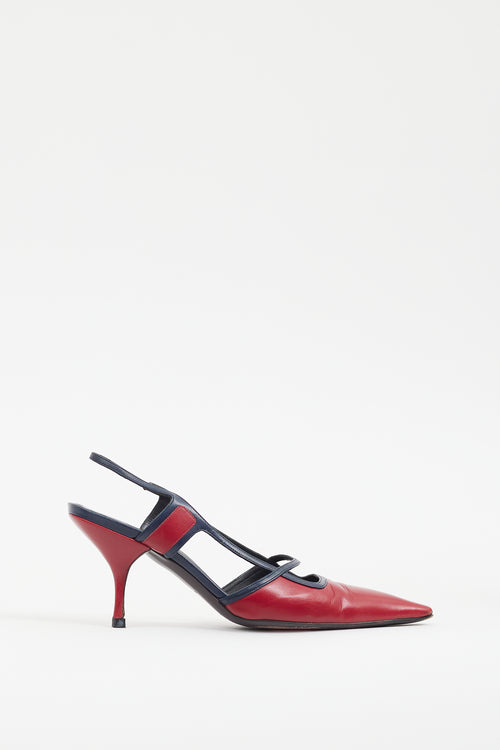 Miu Miu Red 
Navy Leather Slingback Heel