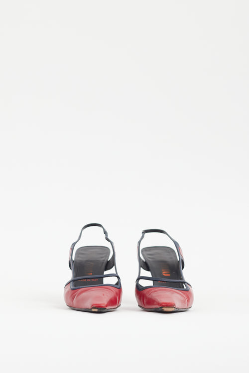 Miu Miu Red 
Navy Leather Slingback Heel