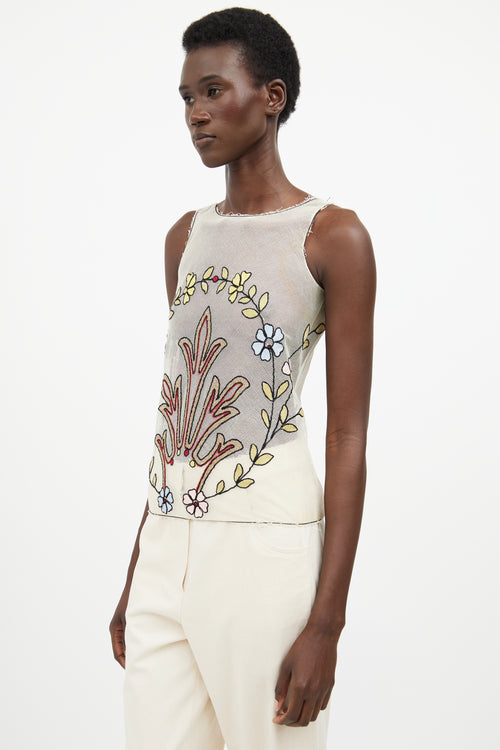 Miu Miu Cream Mesh Embroidered Sleeveless Top