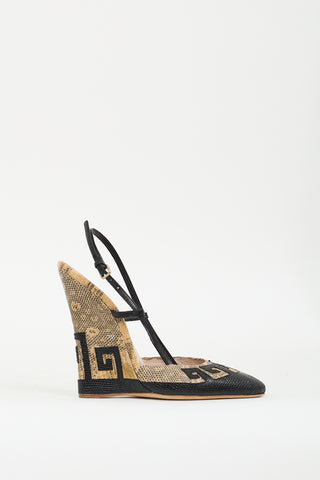 Miu Miu SS 2009 Black 
Beige Embossed Leather Wedge  Sandal