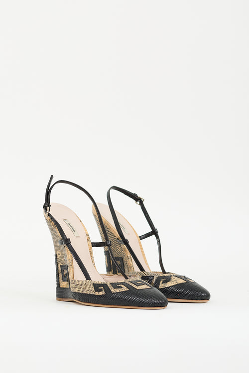 Miu Miu SS 2009 Black 
Beige Embossed Leather Wedge  Sandal