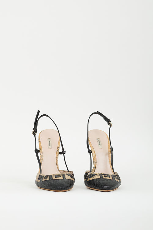 Miu Miu SS 2009 Black 
Beige Embossed Leather Wedge  Sandal