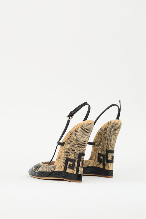 Miu Miu SS 2009 Black 
Beige Embossed Leather Wedge  Sandal